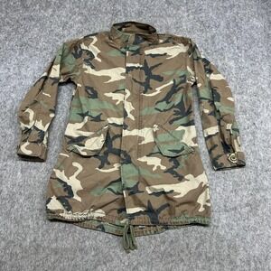 Zara ZW Parka Coat Womens Small Camo Canvas Army Jacket Drawstring Hem Utility